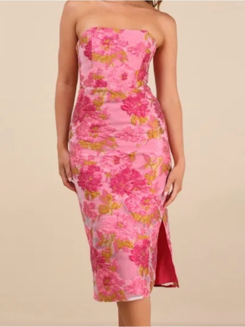 SPRING OR SUMMER WEDDING GUEST! Lulu's Pink Floral Strapless Midi Dress NWT